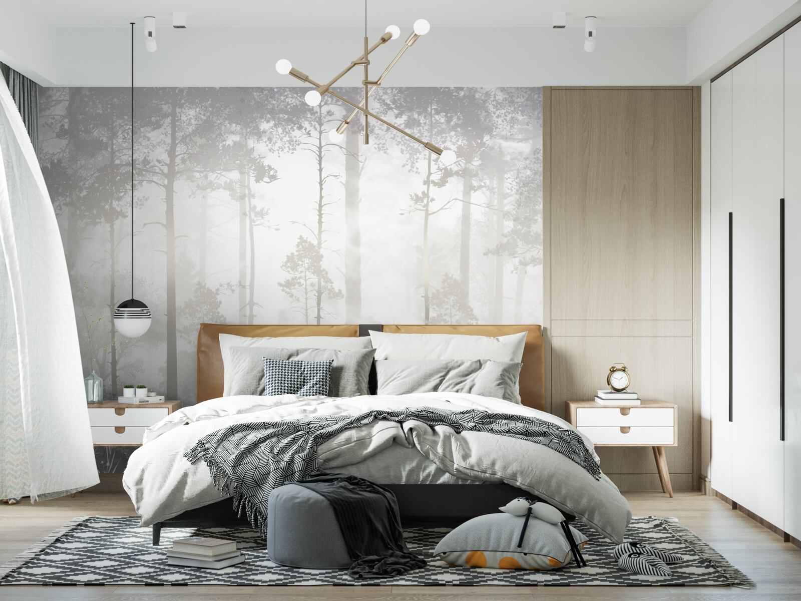 Fototapeta mglisty las usiany jest wysokimi sosnami, jak w bajce