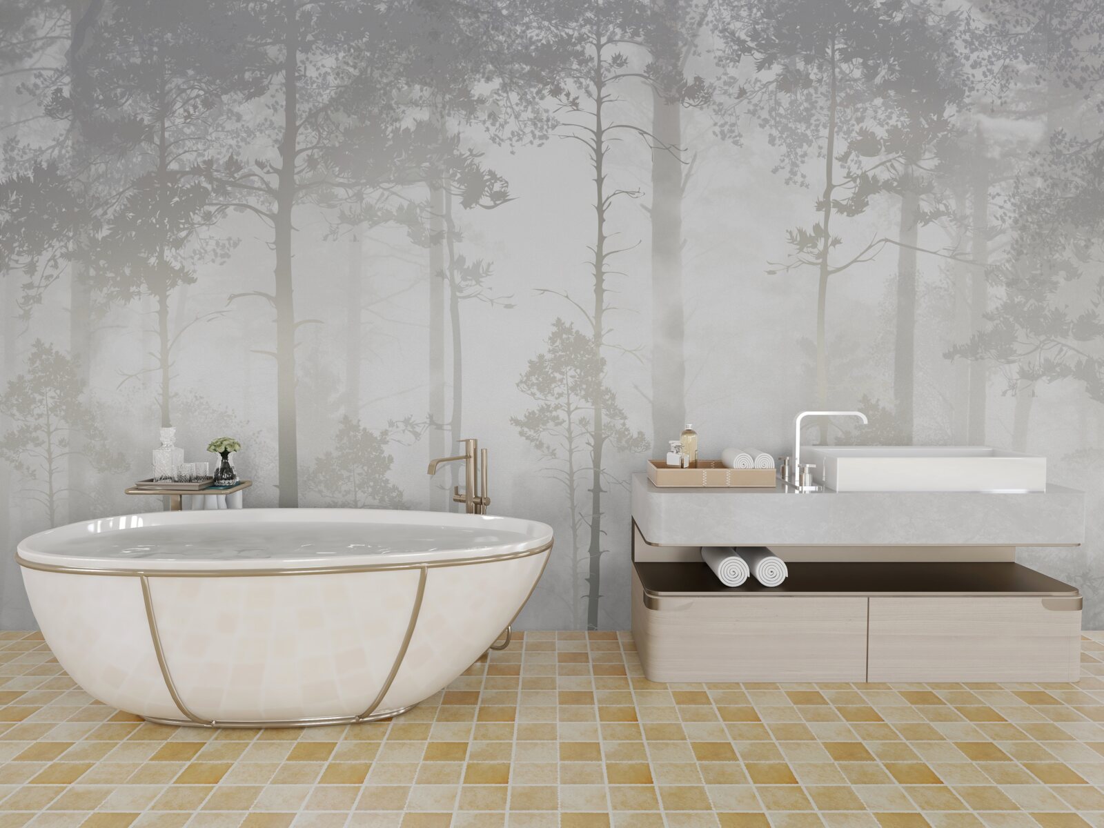 Fototapeta mglisty las usiany jest wysokimi sosnami, jak w bajce