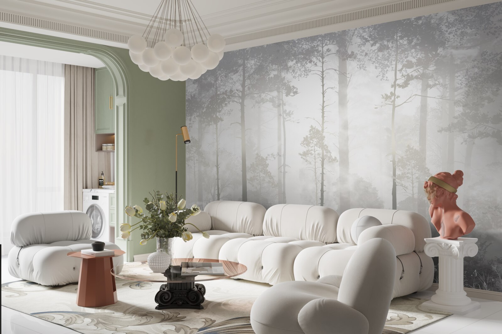 Fototapeta mglisty las usiany jest wysokimi sosnami, jak w bajce