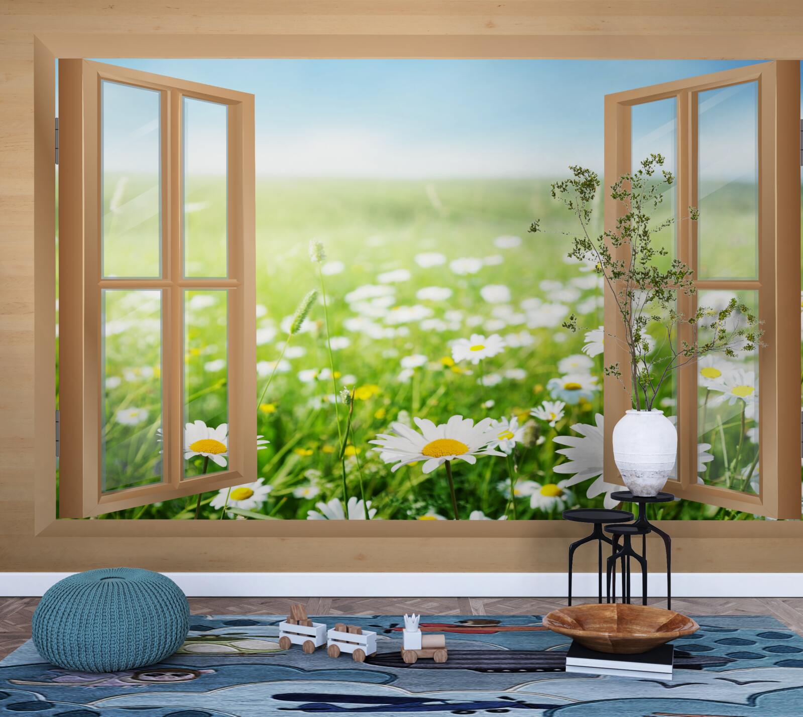 Fototapeta widok z okna na pole rumianku