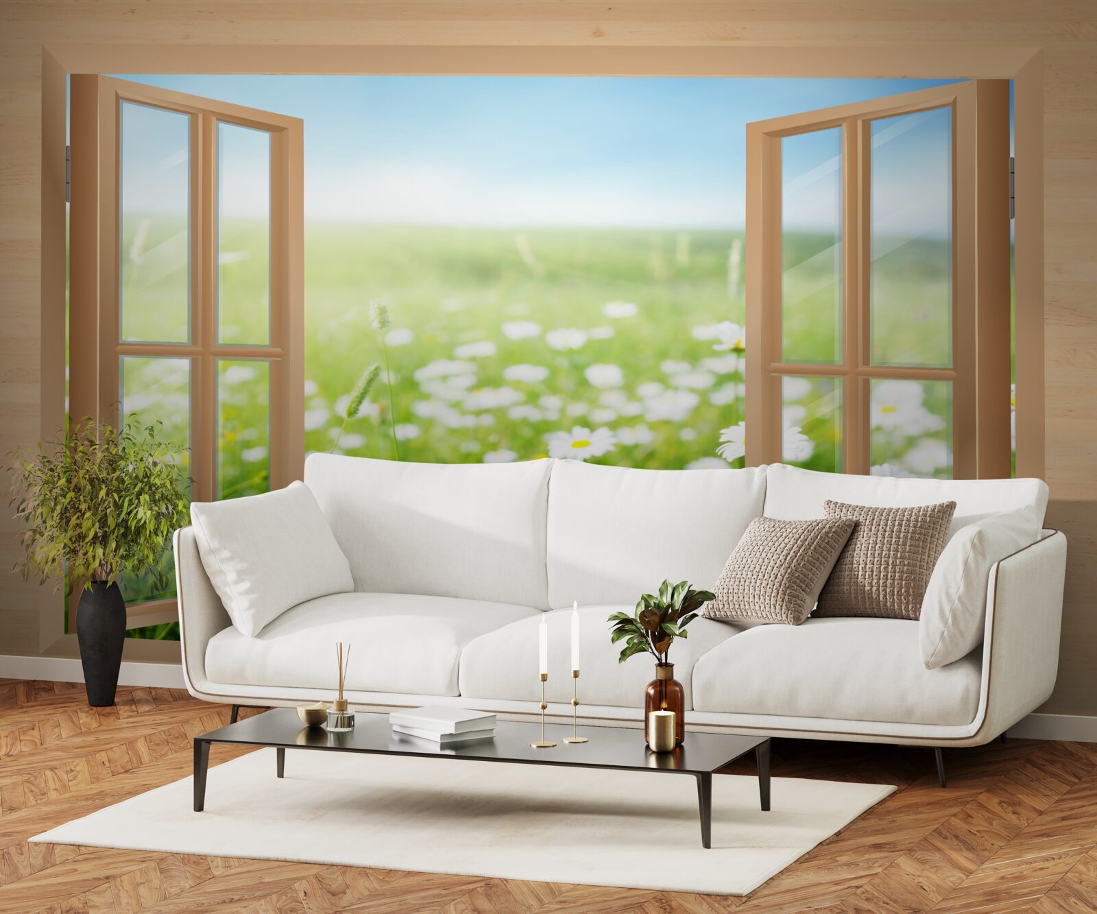 Fototapeta widok z okna na pole rumianku