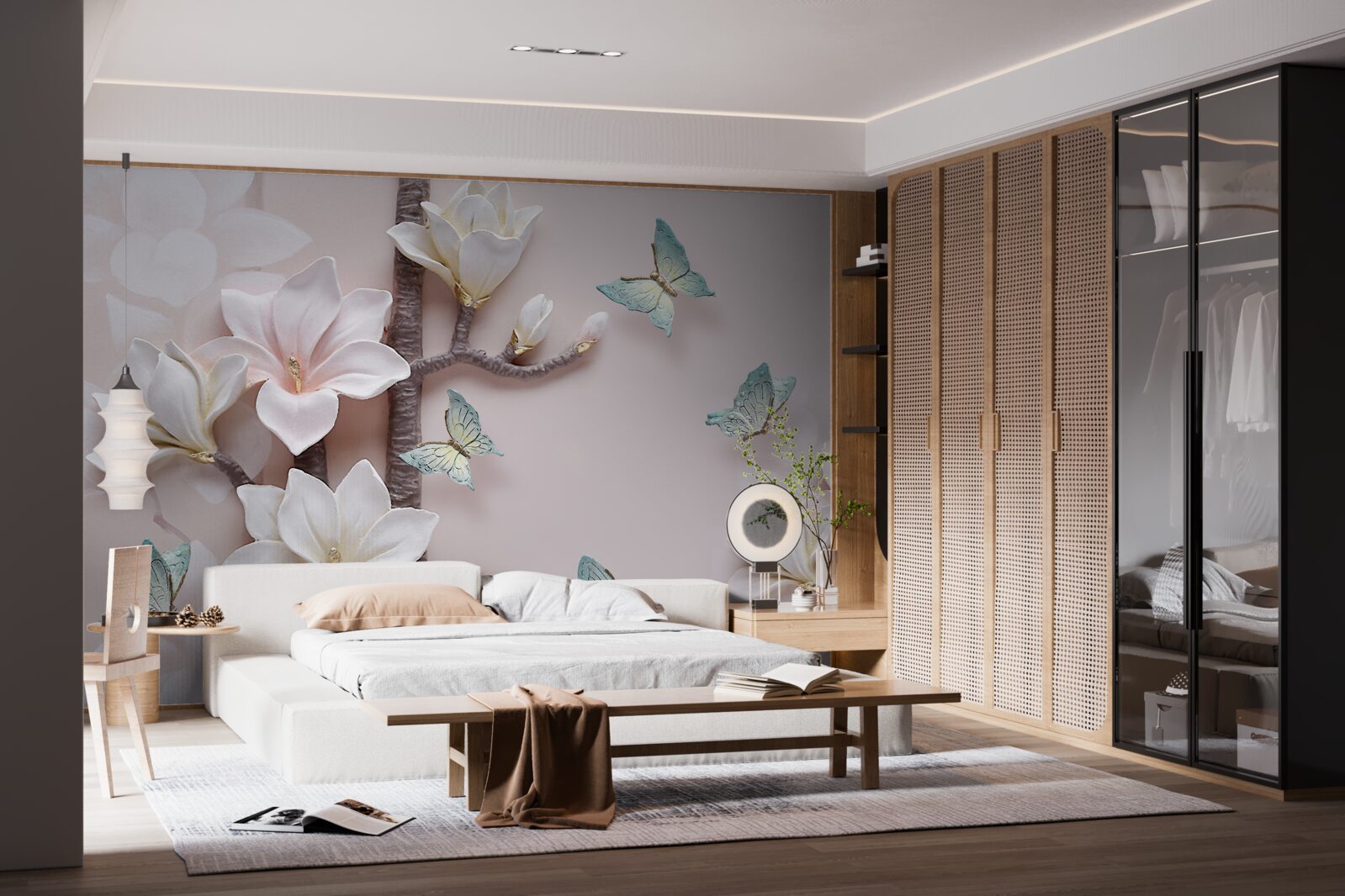 Fototapeta niebieskie motyle i białe kwiaty