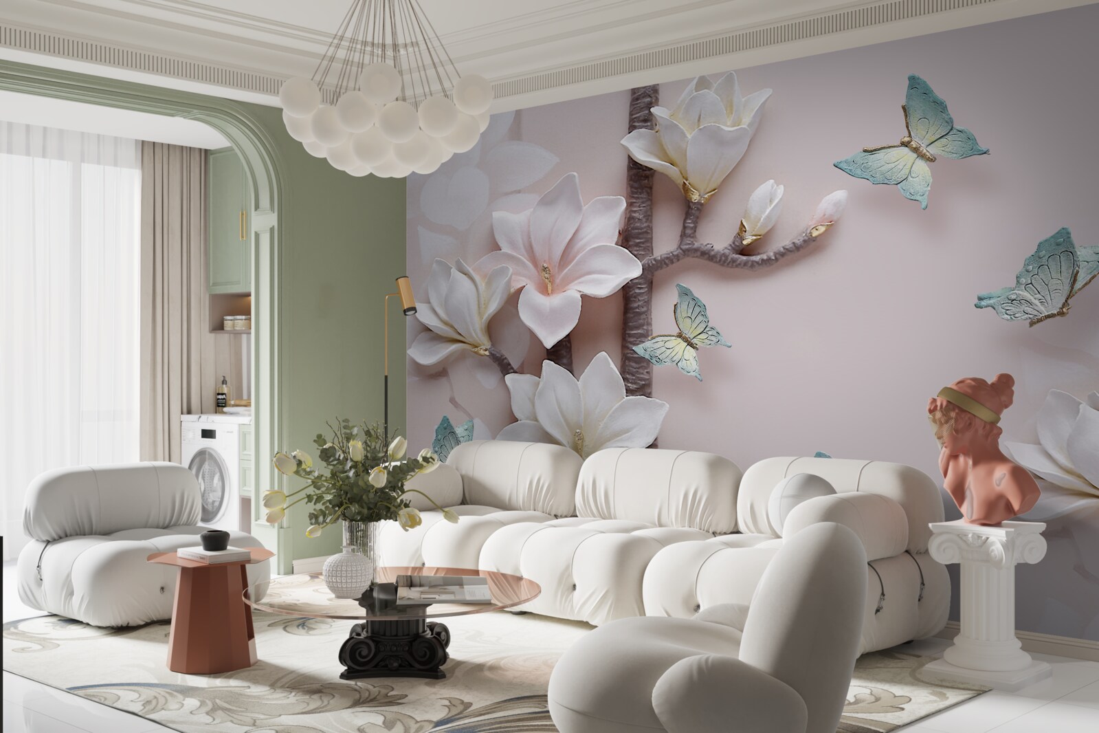 Fototapeta niebieskie motyle i białe kwiaty