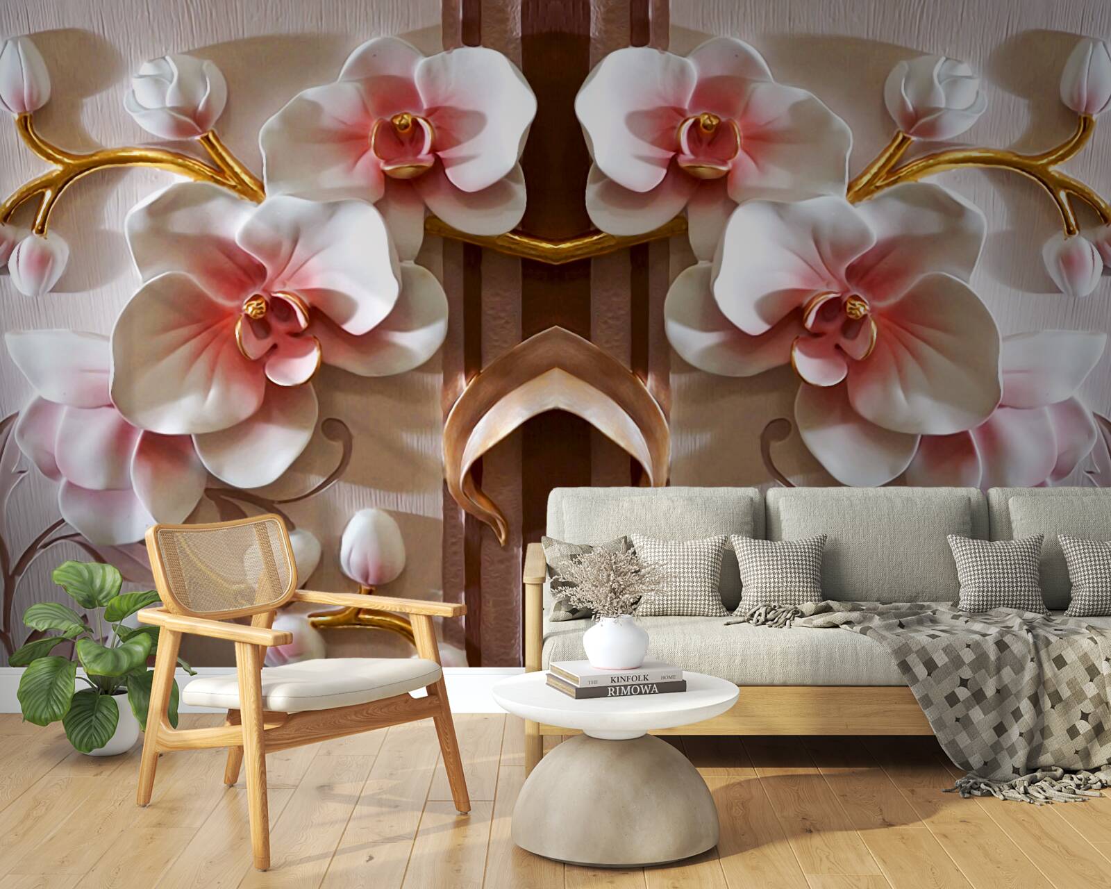 Fototapeta białe orchidee delikatnie odcinają się od złota gałęzi