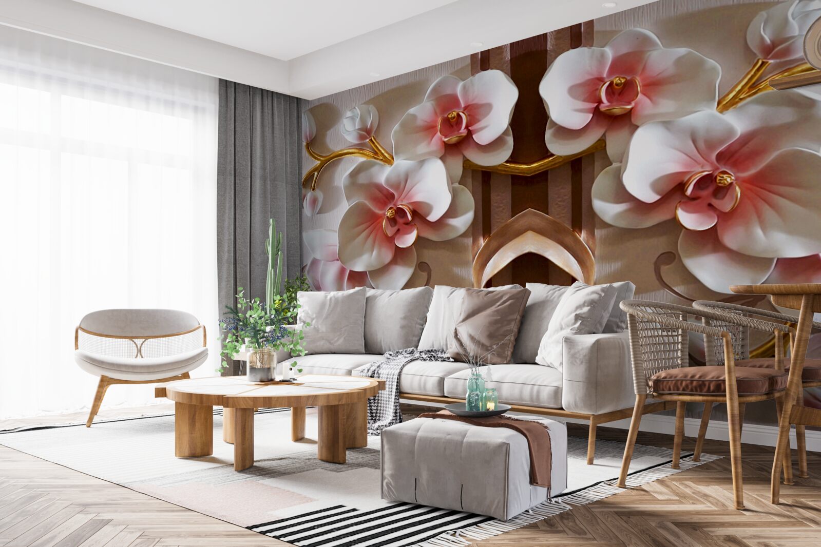 Fototapeta białe orchidee delikatnie odcinają się od złota gałęzi