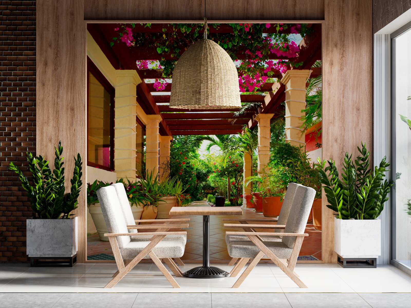 Fototapeta taras w pobliżu domu, ozdobiony roślinami