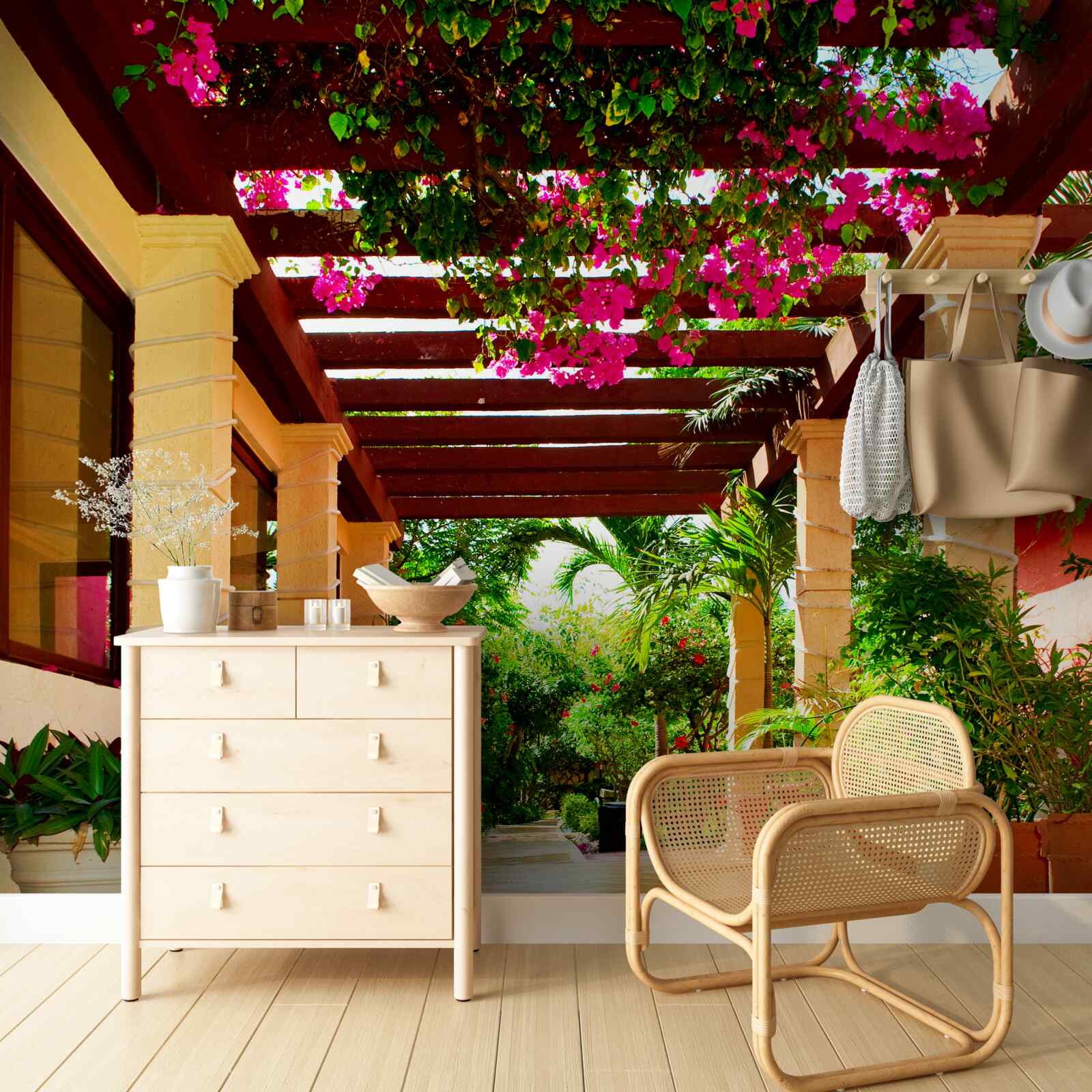 Fototapeta taras w pobliżu domu, ozdobiony roślinami