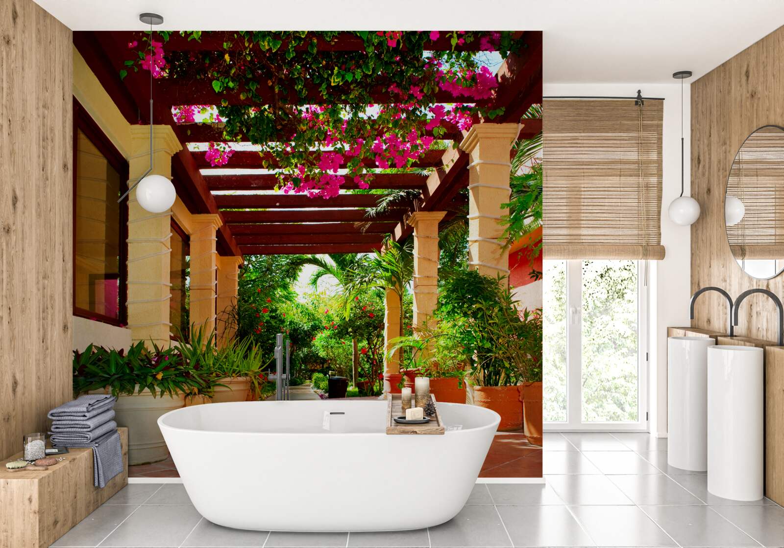 Fototapeta taras w pobliżu domu, ozdobiony roślinami