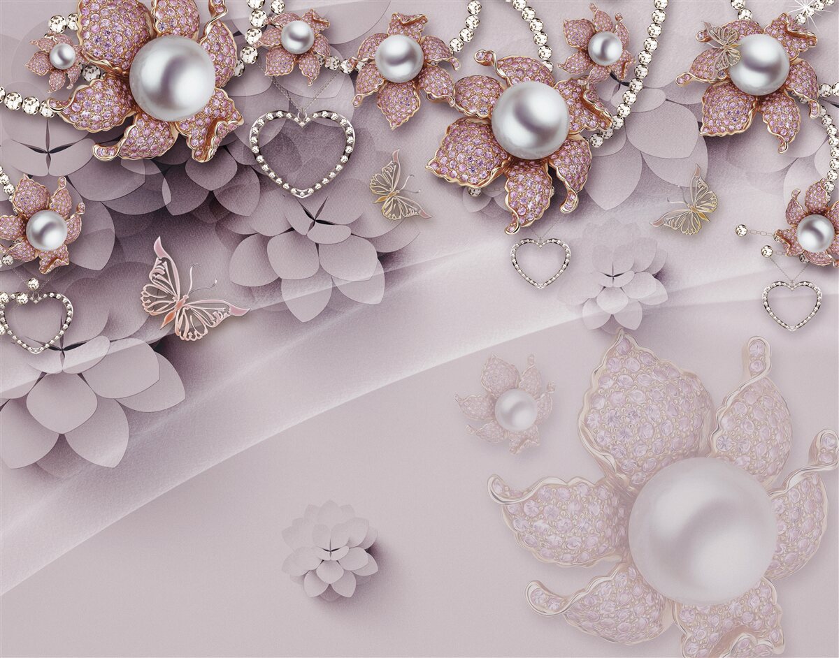 Fototapeta w centrum znajdują się perły otoczone delikatnymi różowymi kwiatami