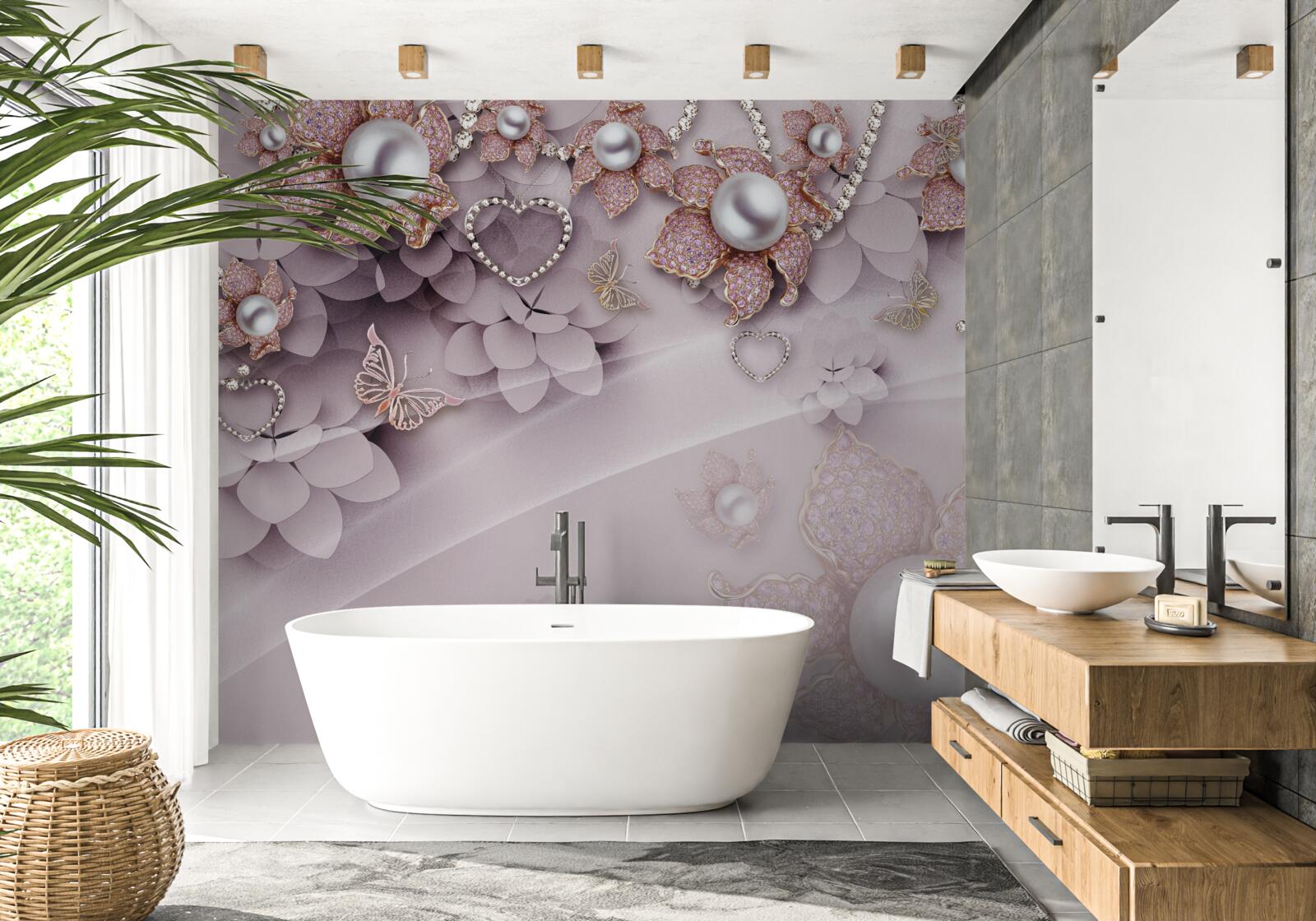 Fototapeta w centrum znajdują się perły otoczone delikatnymi różowymi kwiatami