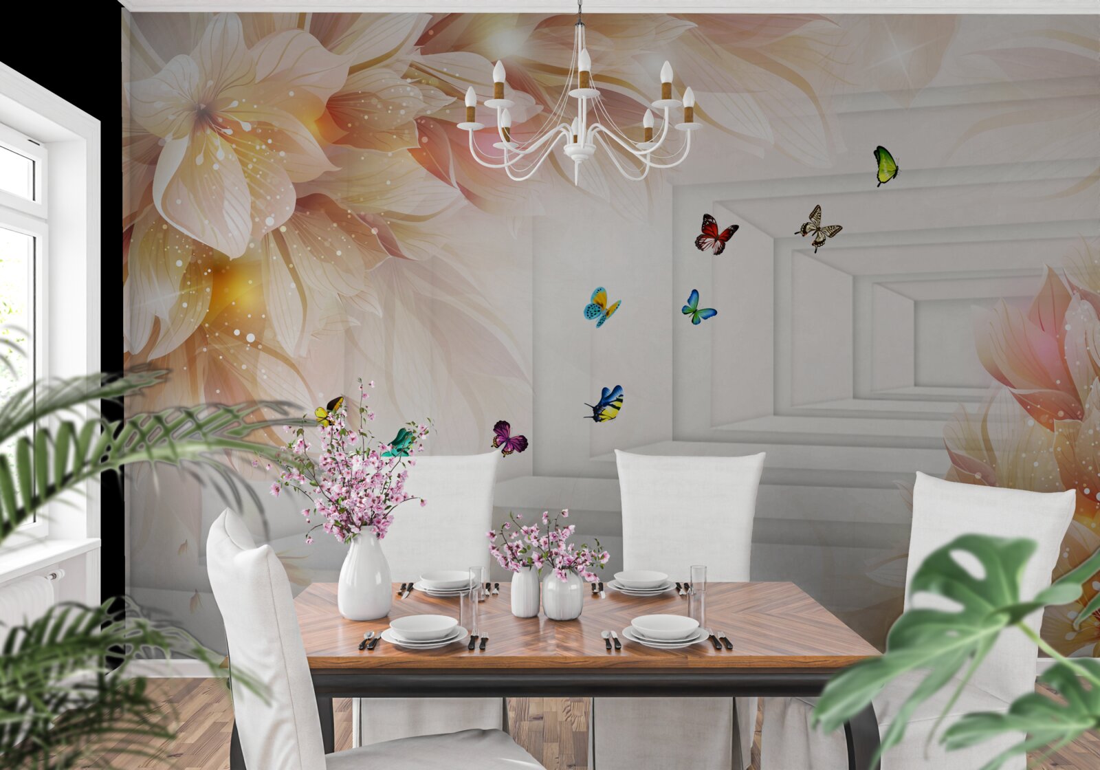 Fototapeta tunel jest pełen kolorów: kwiatów i kolorowych motyli