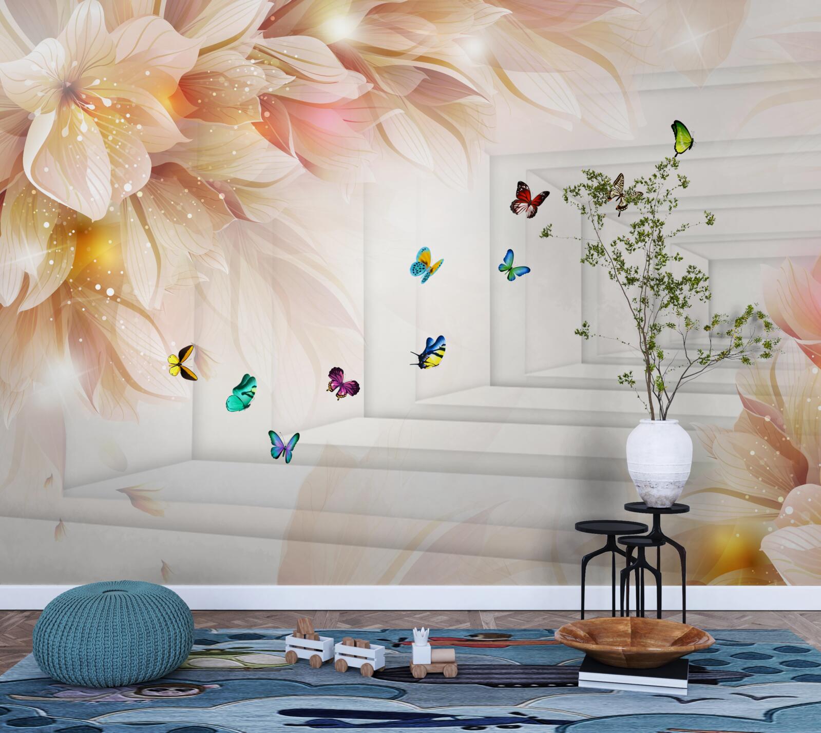 Fototapeta tunel jest pełen kolorów: kwiatów i kolorowych motyli