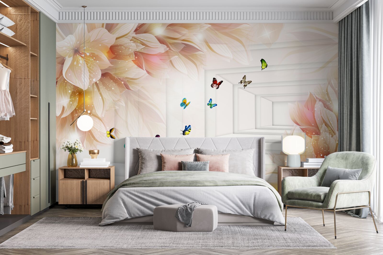 Fototapeta tunel jest pełen kolorów: kwiatów i kolorowych motyli