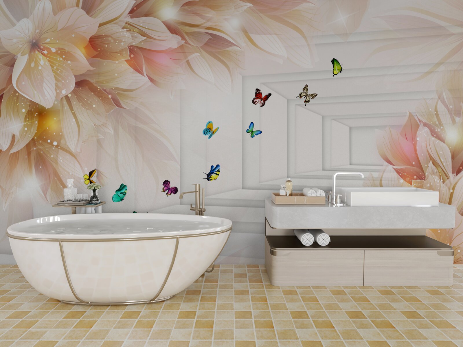 Fototapeta tunel jest pełen kolorów: kwiatów i kolorowych motyli