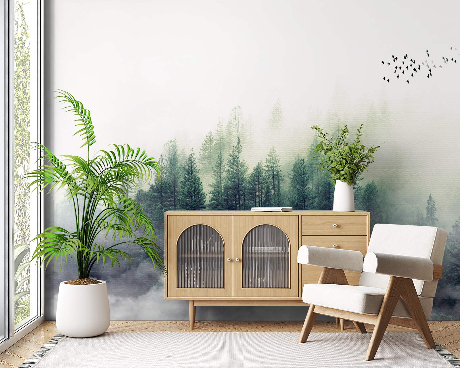 Fototapeta las pod ptakami pokryty jest mgłą