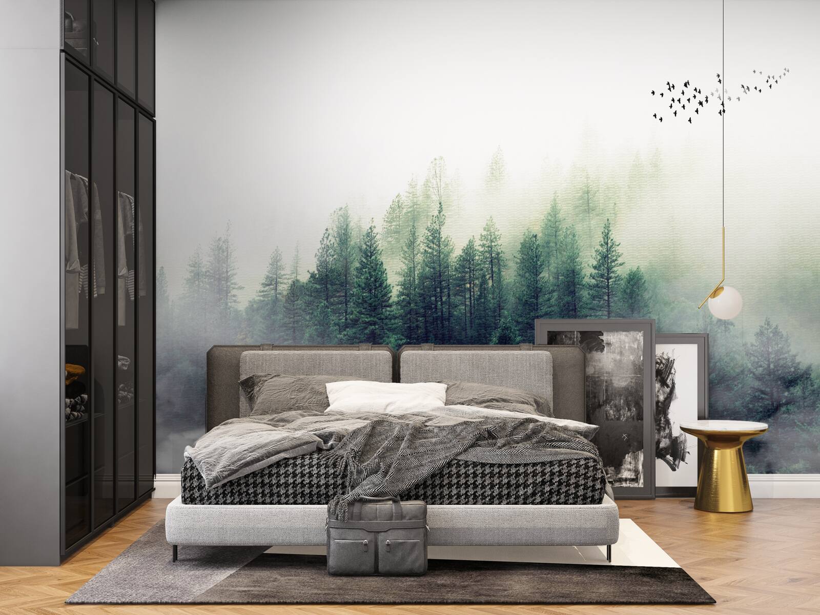 Fototapeta las pod ptakami pokryty jest mgłą