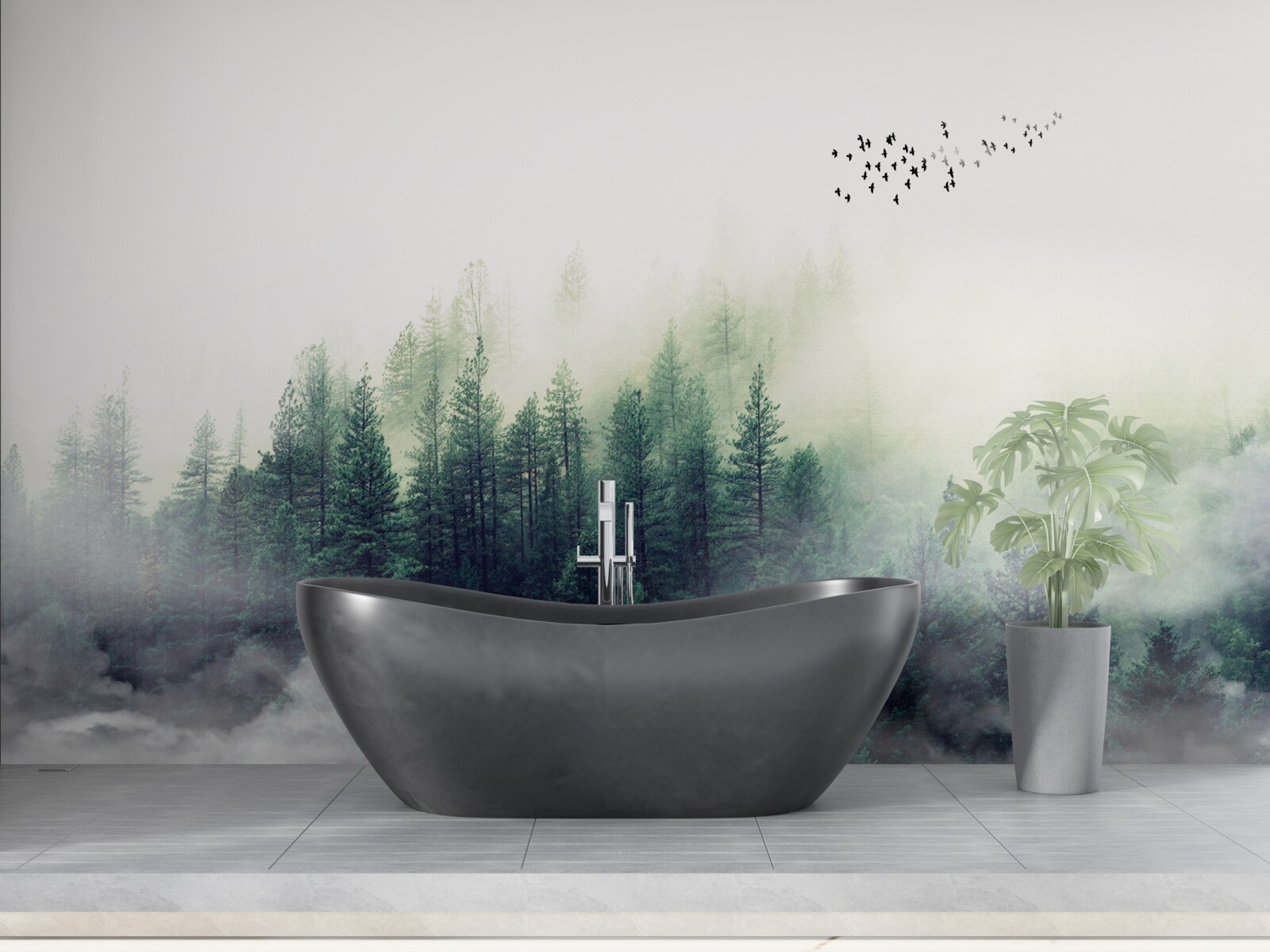 Fototapeta las pod ptakami pokryty jest mgłą