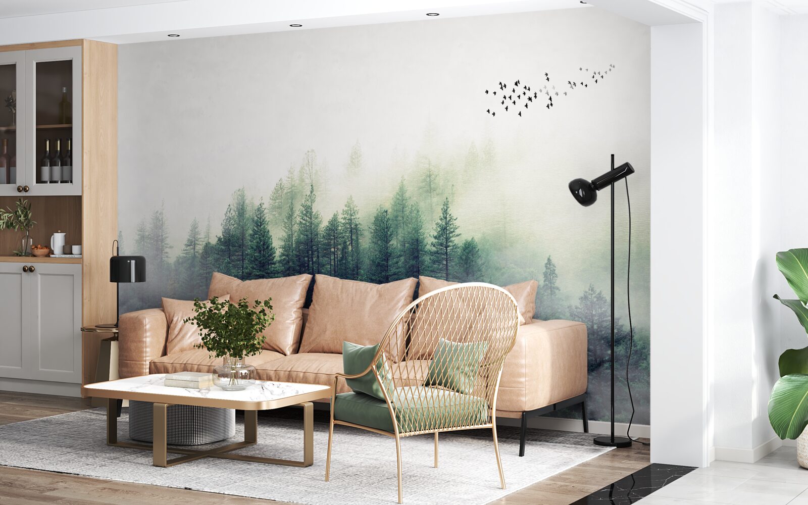 Fototapeta las pod ptakami pokryty jest mgłą