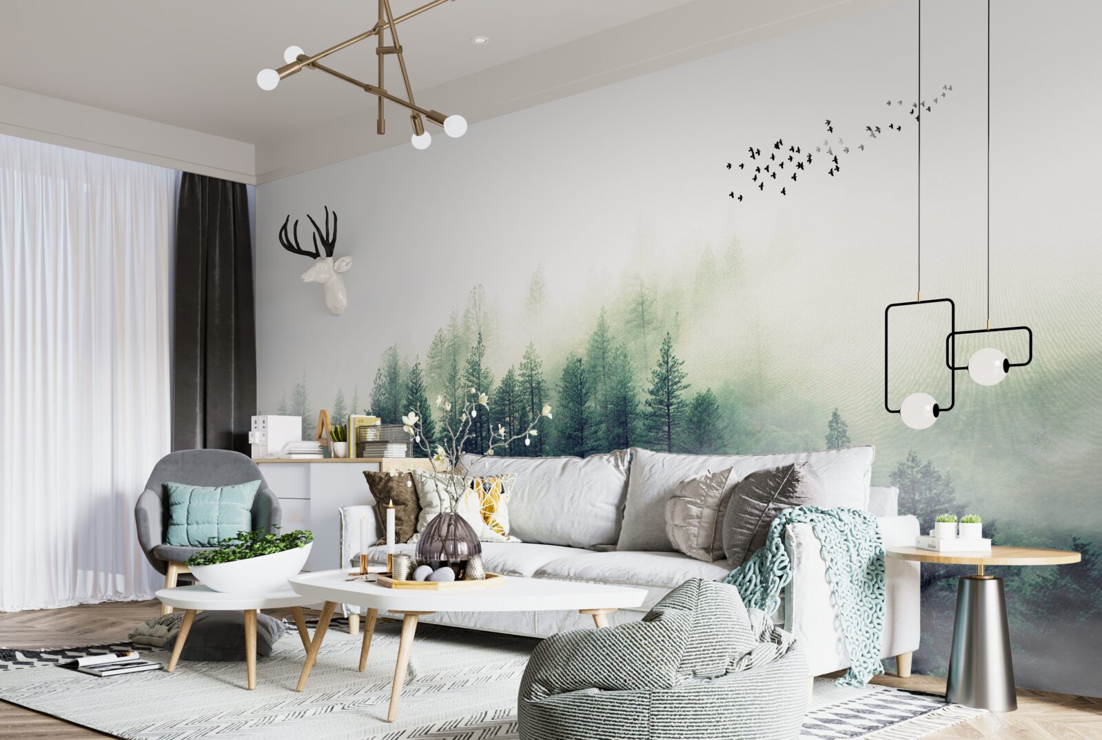 Fototapeta las pod ptakami pokryty jest mgłą