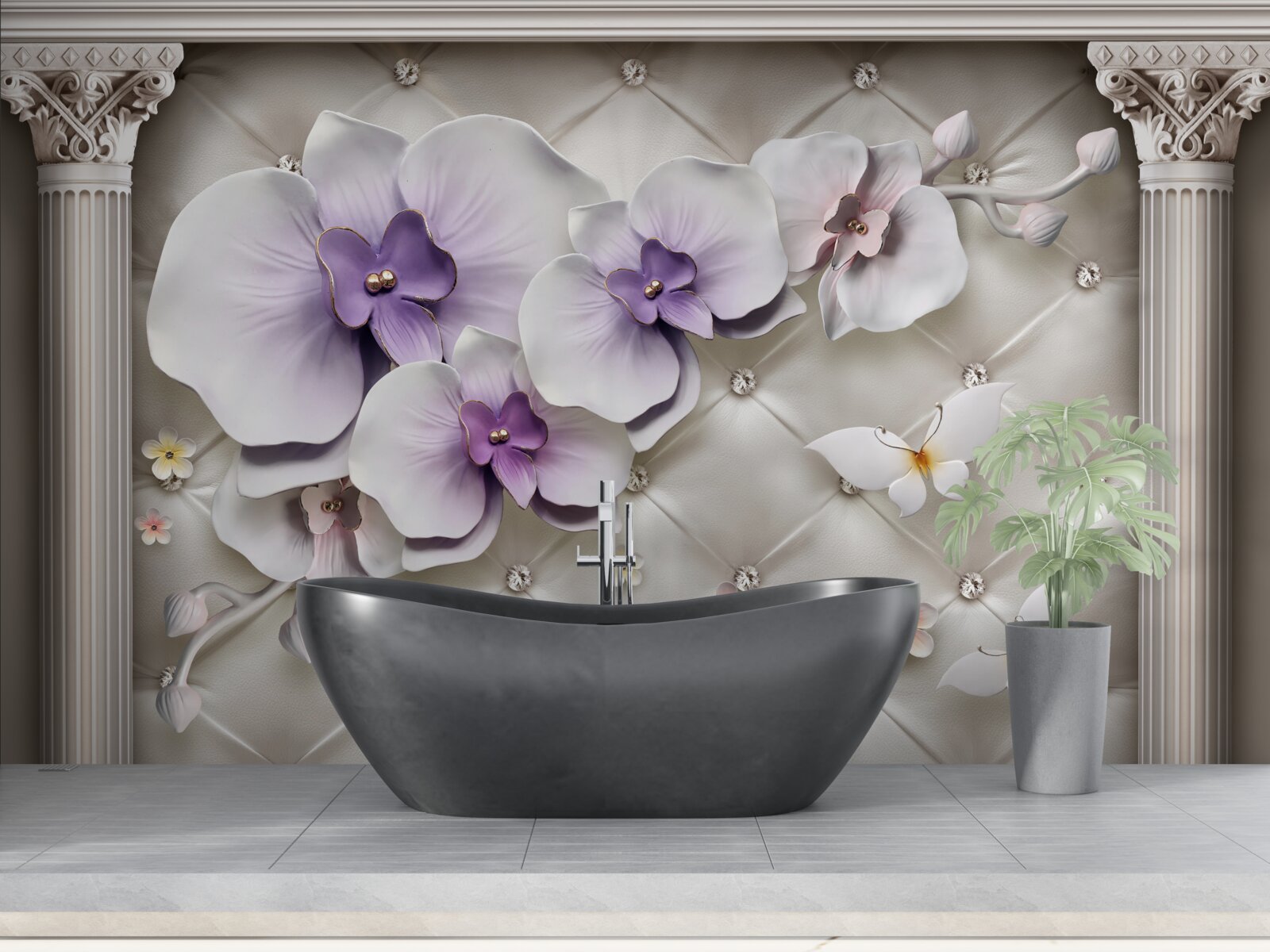 Fototapeta Śnieżnobiała orchidea ozdobiona złotem i perłami