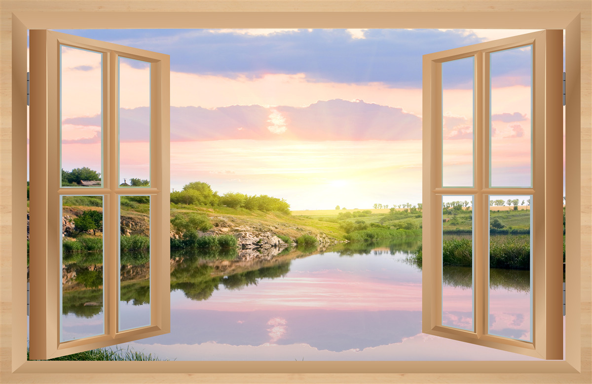 Fototapeta widok z okna na spokojną wodę i zielone łąki