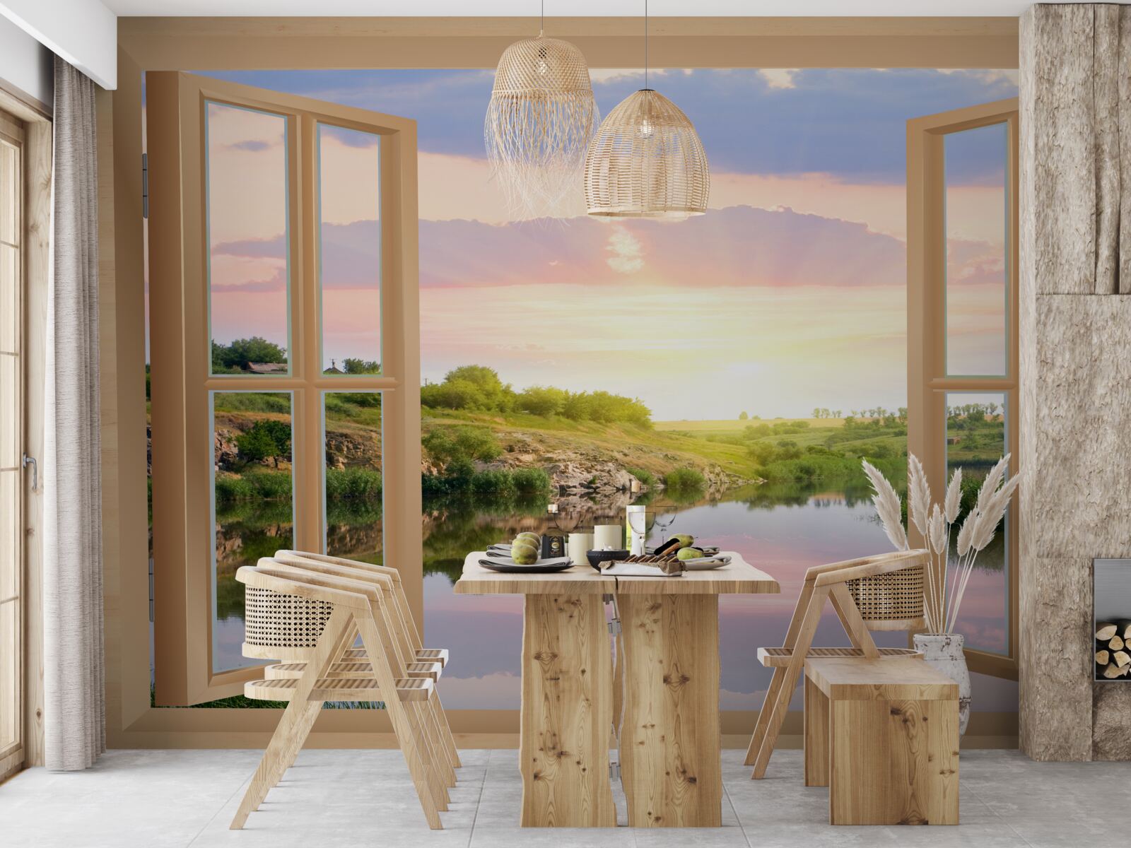 Fototapeta widok z okna na spokojną wodę i zielone łąki