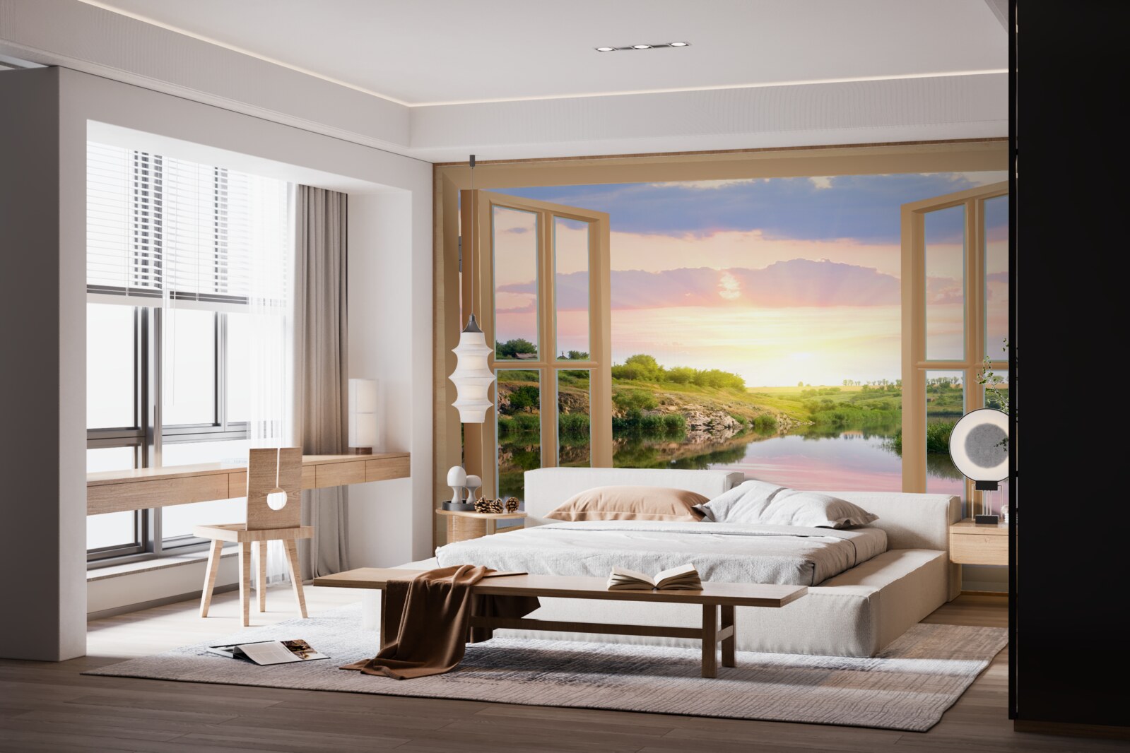 Fototapeta widok z okna na spokojną wodę i zielone łąki