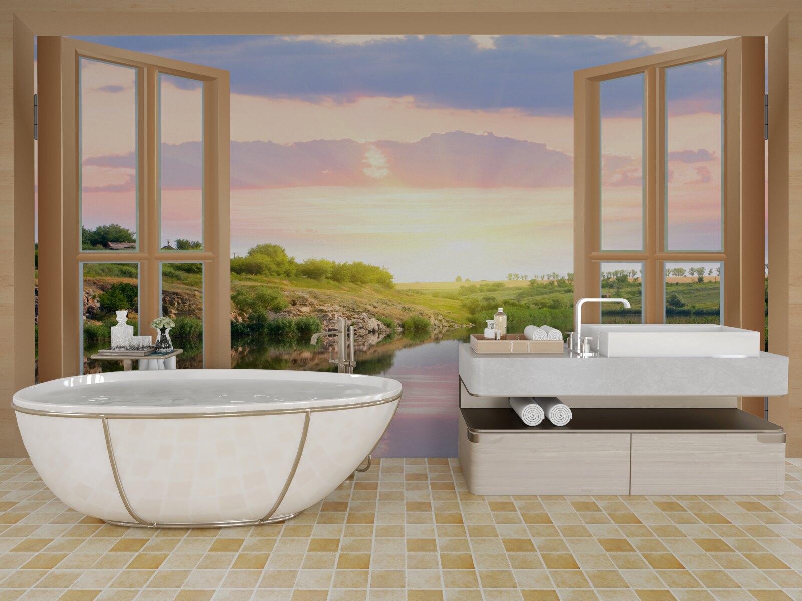 Fototapeta widok z okna na spokojną wodę i zielone łąki