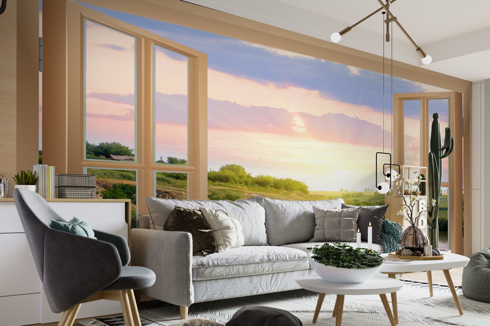 Fototapeta widok z okna na spokojną wodę i zielone łąki