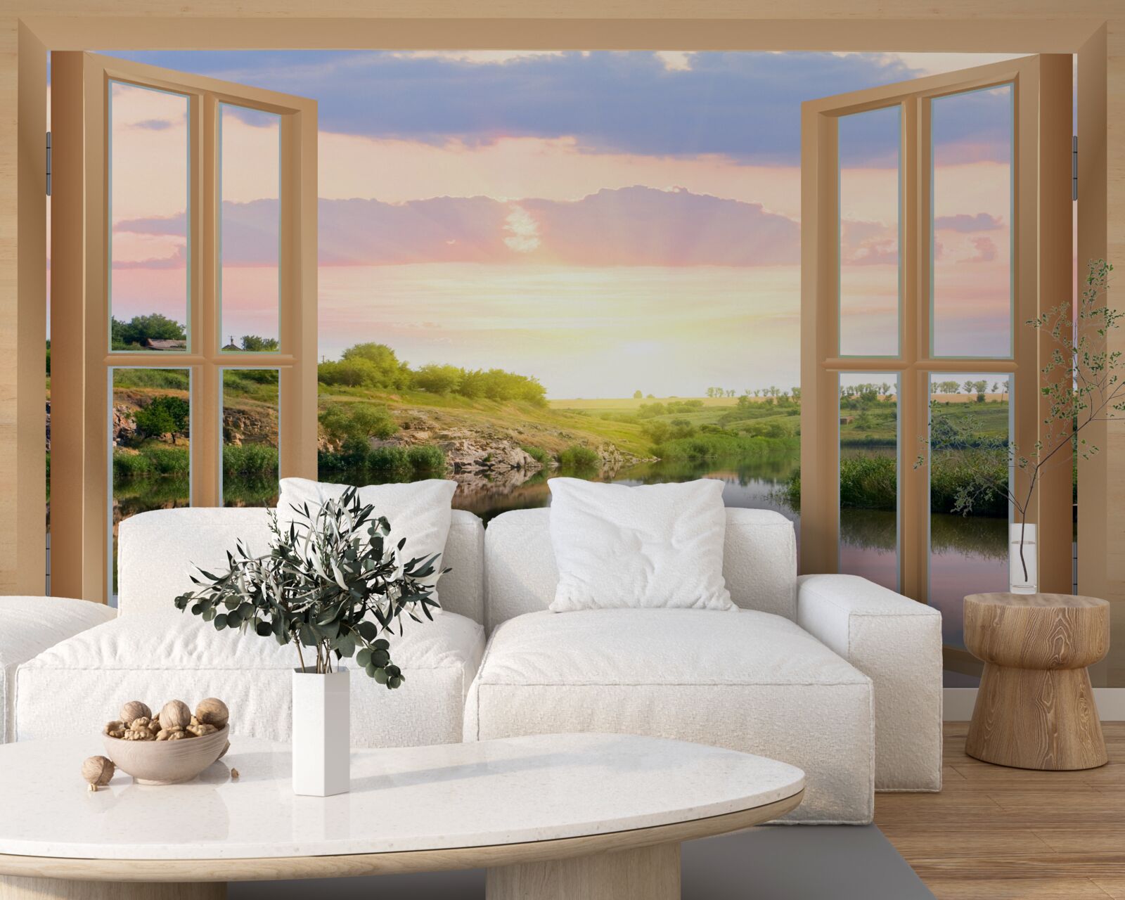 Fototapeta widok z okna na spokojną wodę i zielone łąki