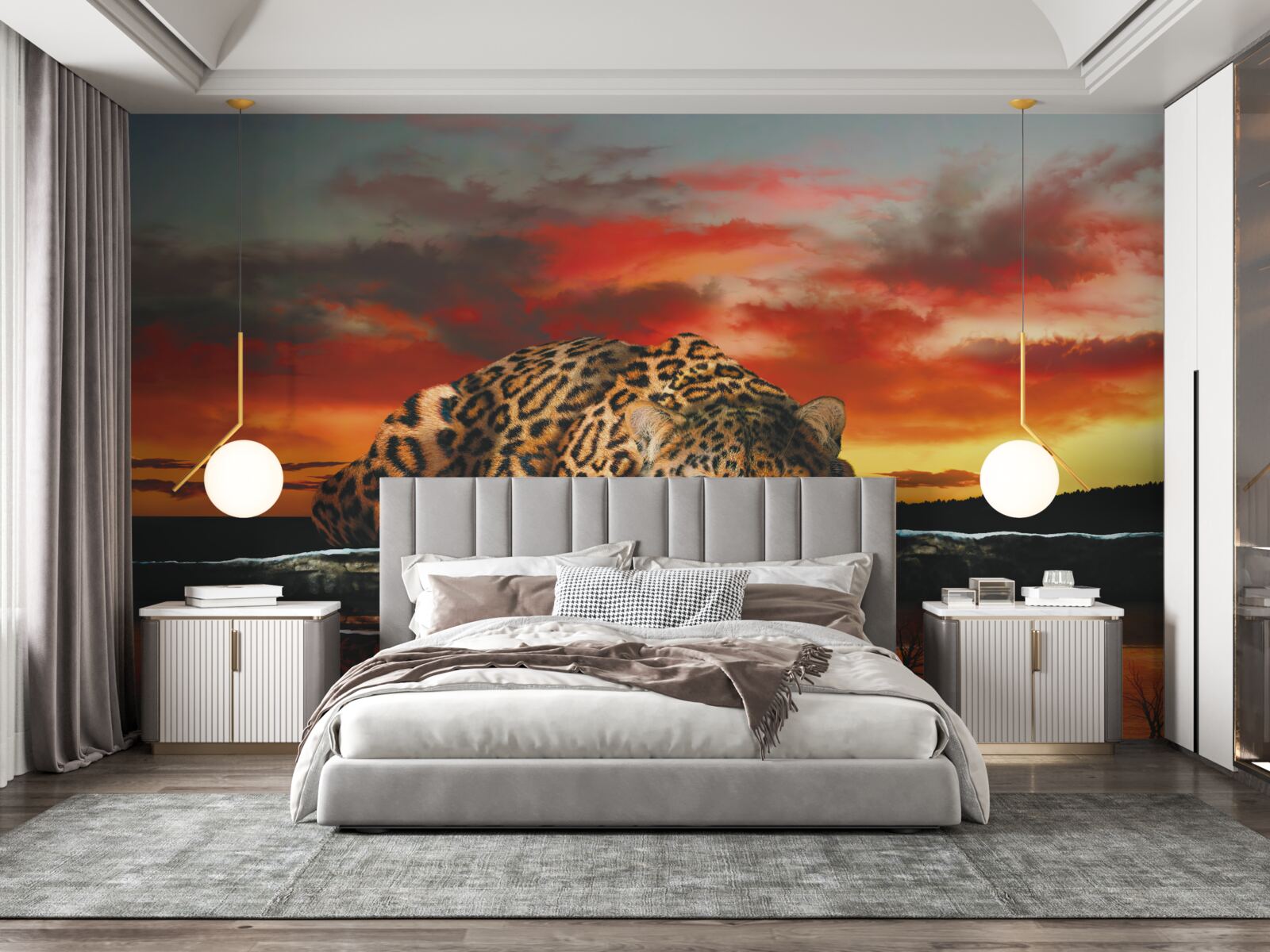 Fototapeta odbicie lamparta na tle zachodu słońca