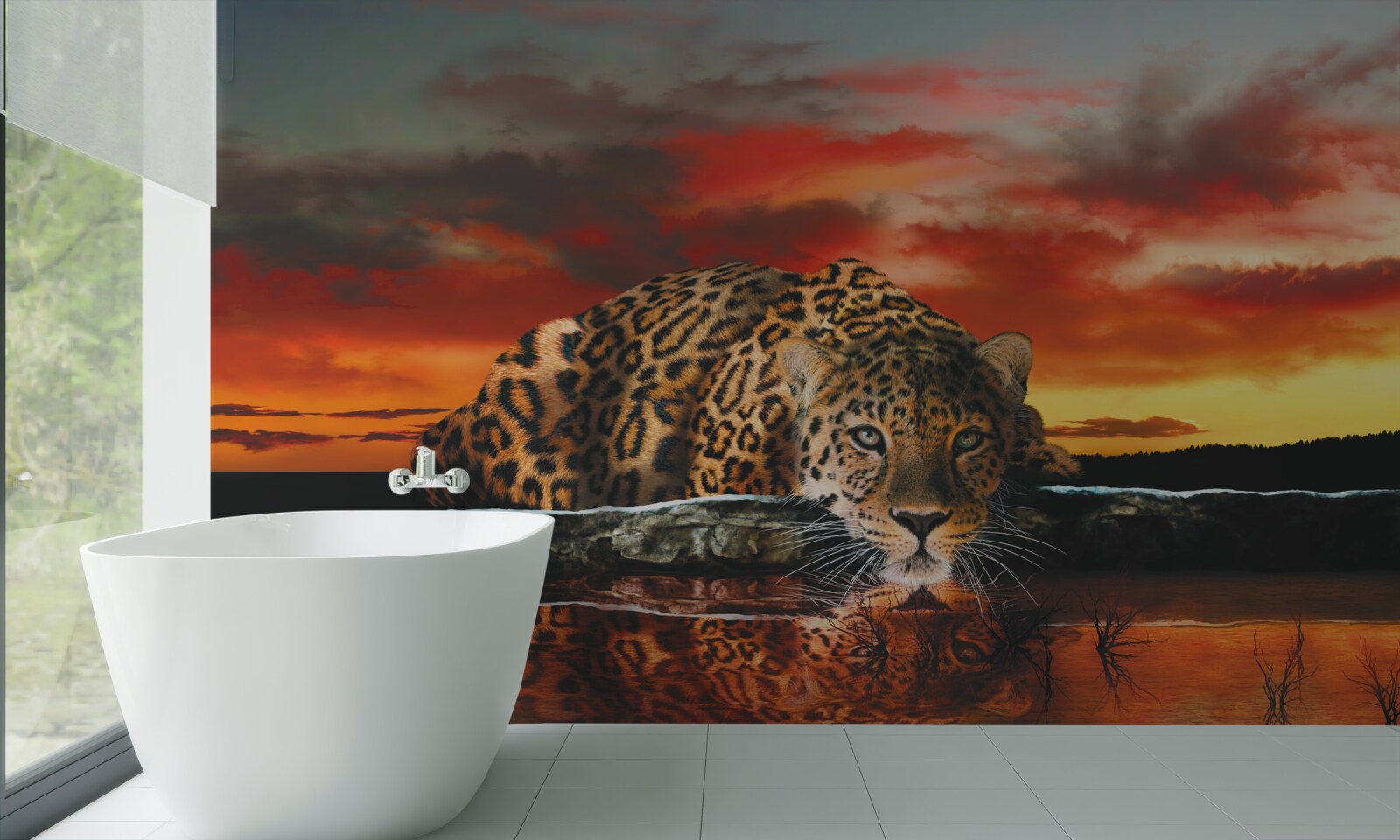 Fototapeta odbicie lamparta na tle zachodu słońca