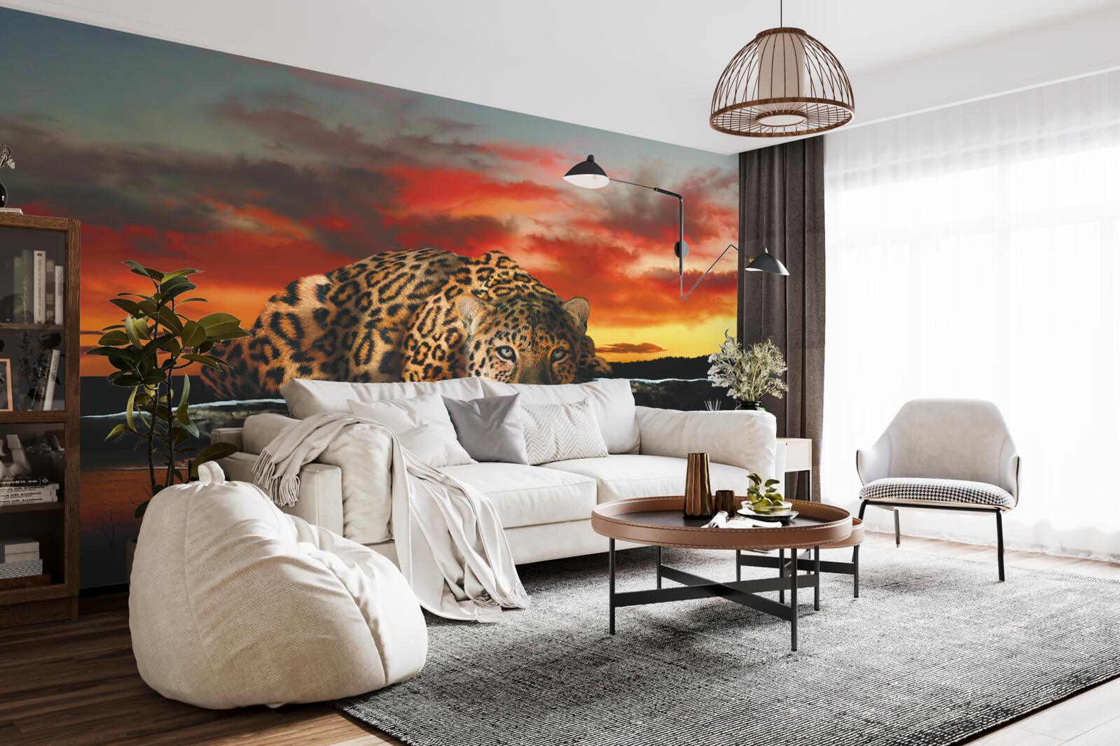 Fototapeta odbicie lamparta na tle zachodu słońca