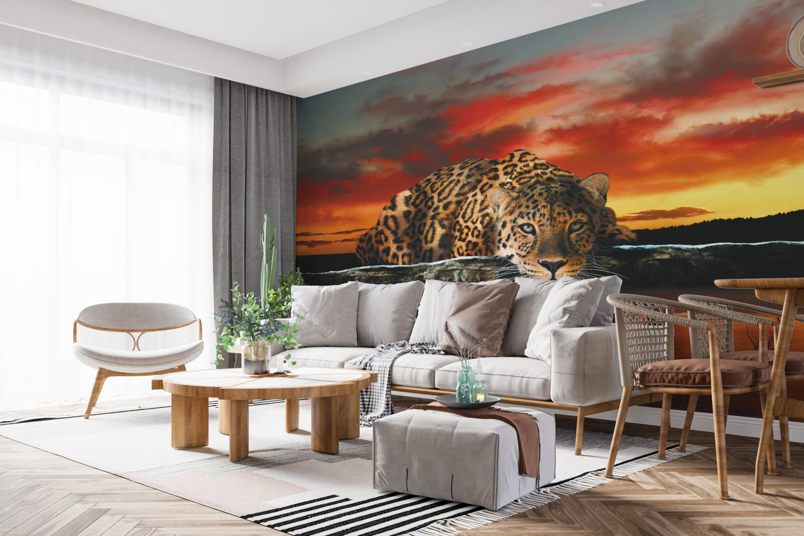 Fototapeta odbicie lamparta na tle zachodu słońca