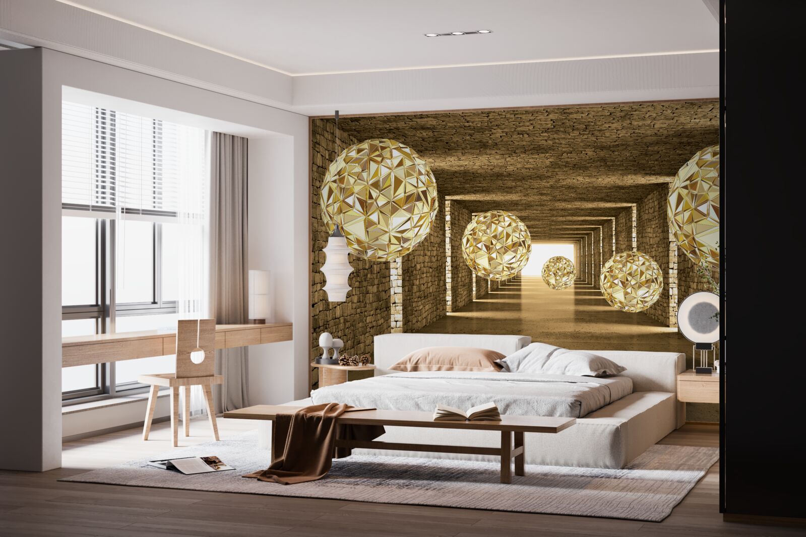 Fototapeta abstrakcyjny obraz kulek i tunelu w złotych odcieniach