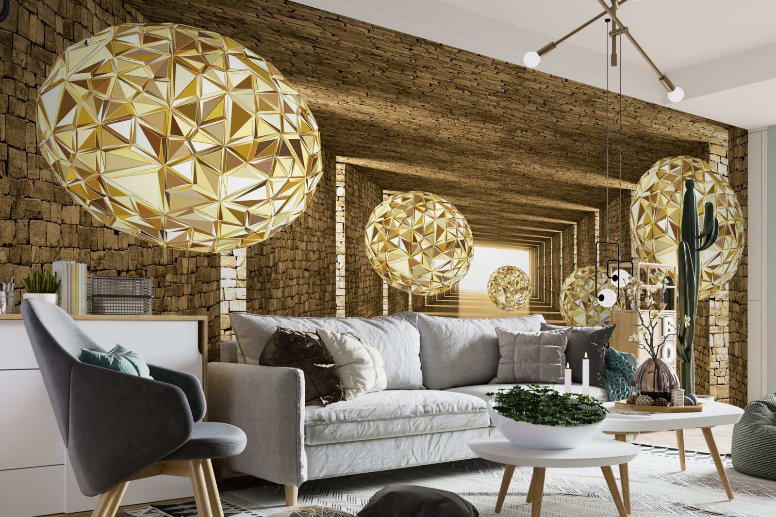 Fototapeta abstrakcyjny obraz kulek i tunelu w złotych odcieniach