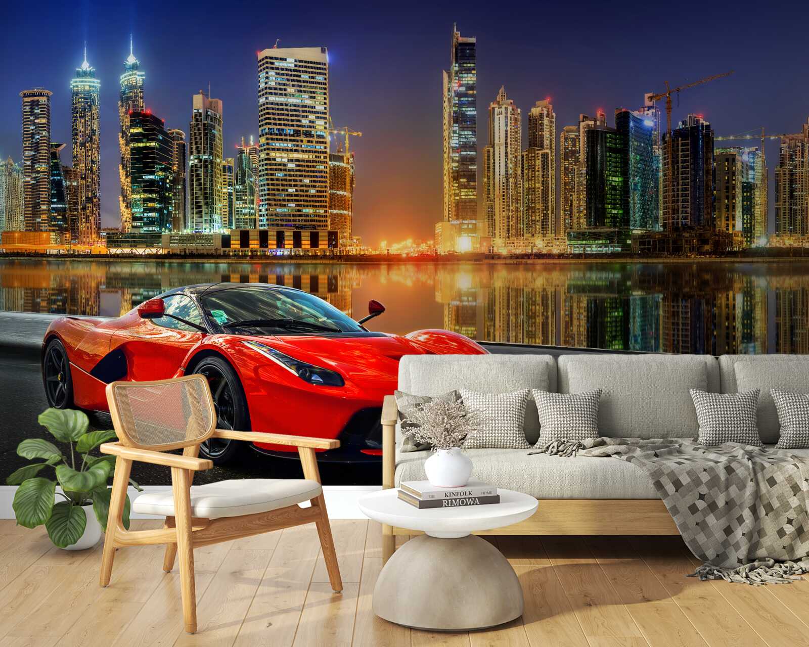 Fototapeta samochód sportowy z nocnym pejzażem miejskim w tle