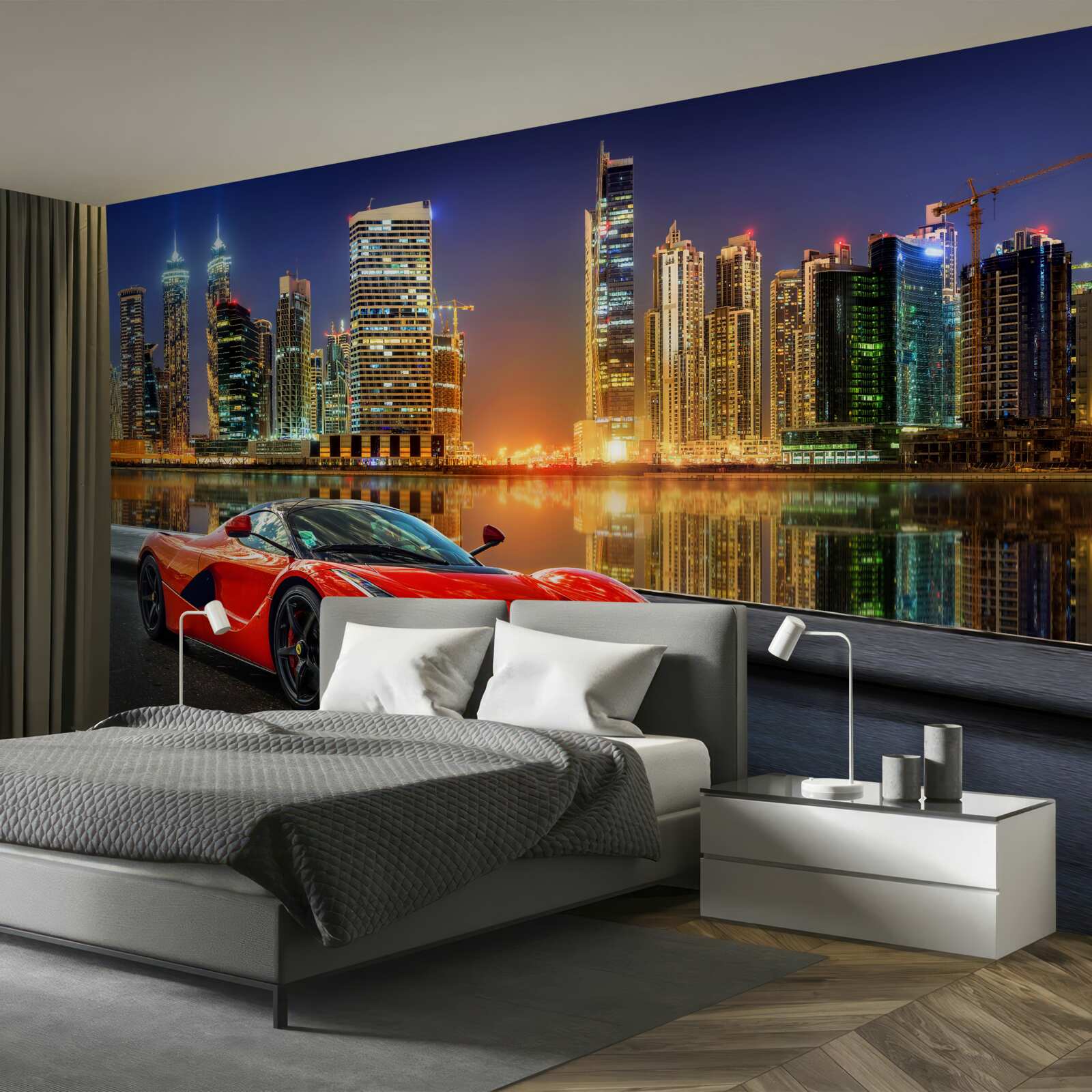 Fototapeta samochód sportowy z nocnym pejzażem miejskim w tle