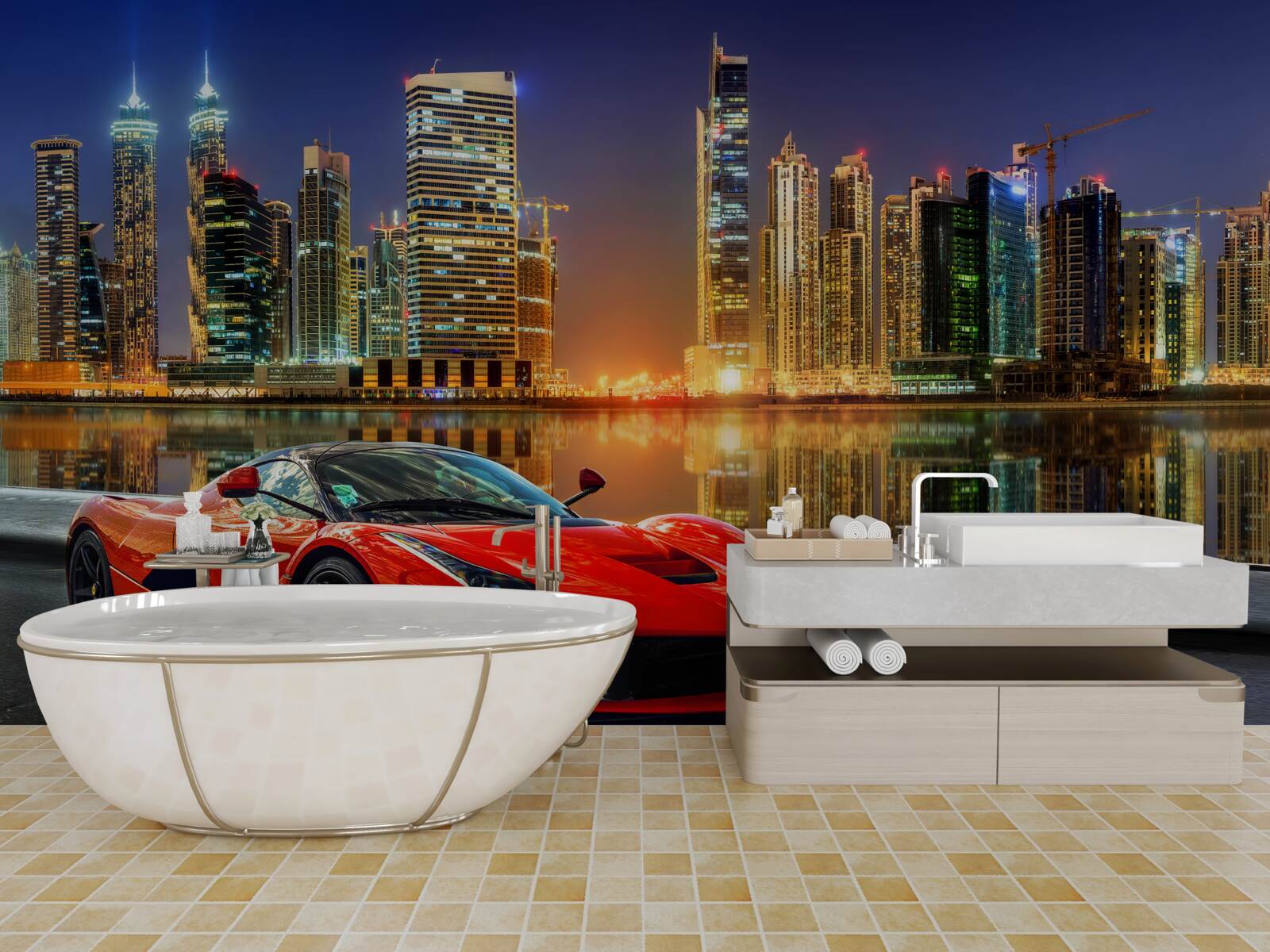 Fototapeta samochód sportowy z nocnym pejzażem miejskim w tle