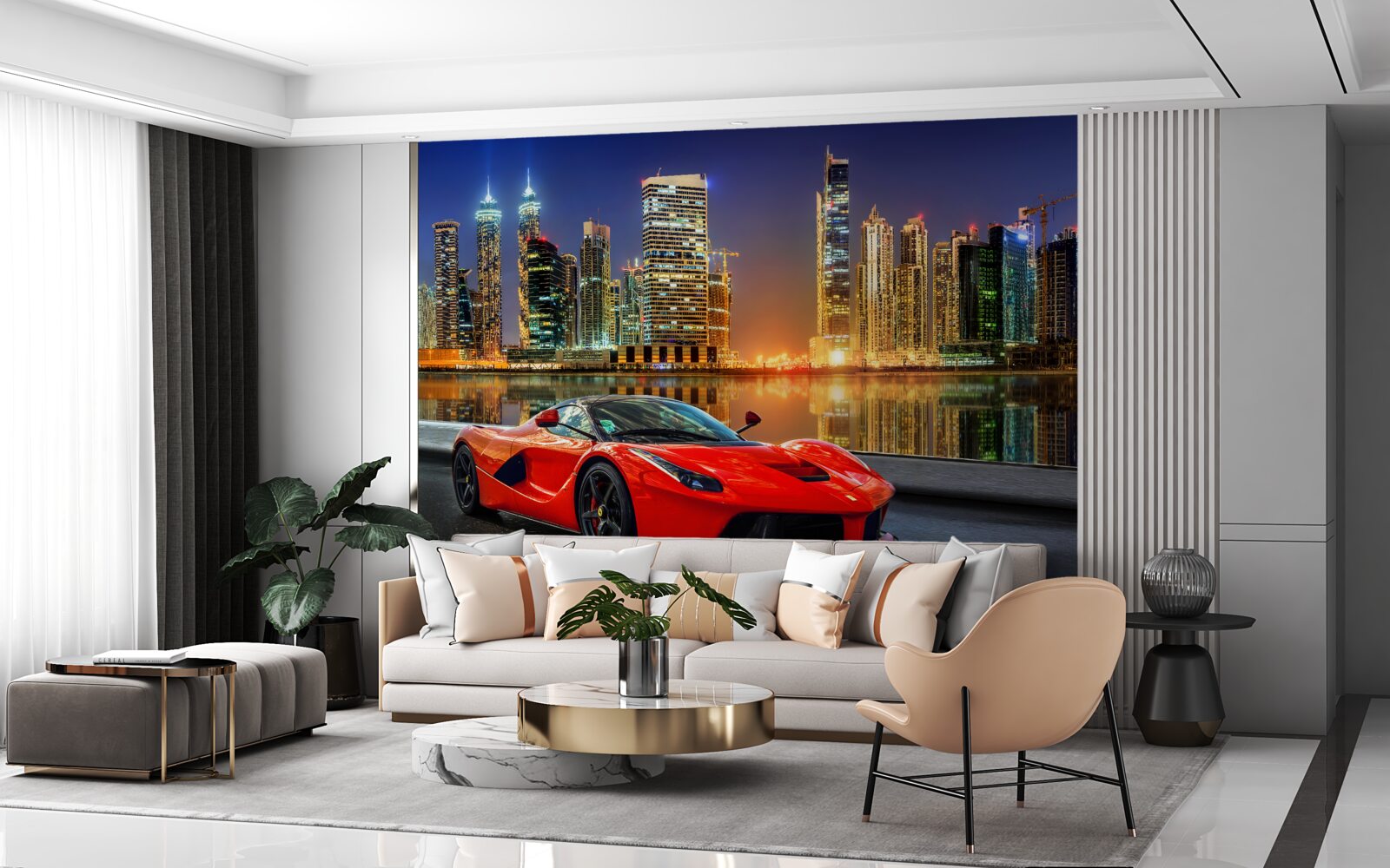 Fototapeta samochód sportowy z nocnym pejzażem miejskim w tle