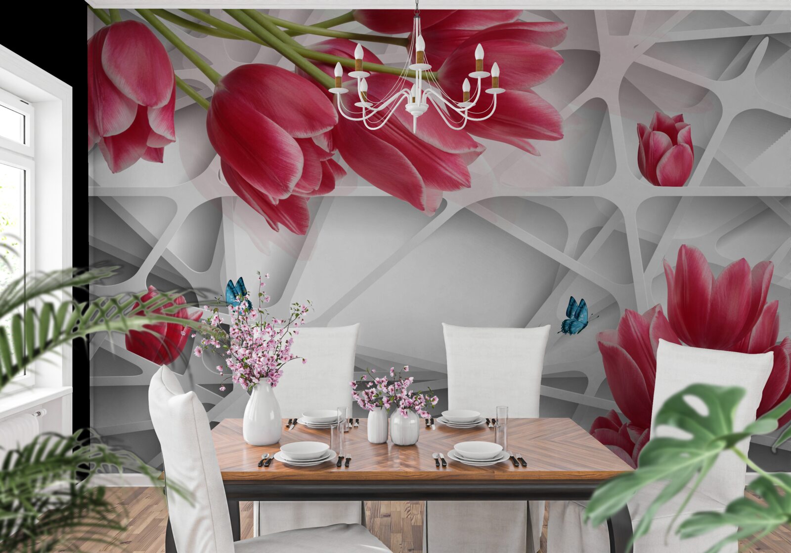 Fototapeta motyle i szkarłatne pąki tulipanów