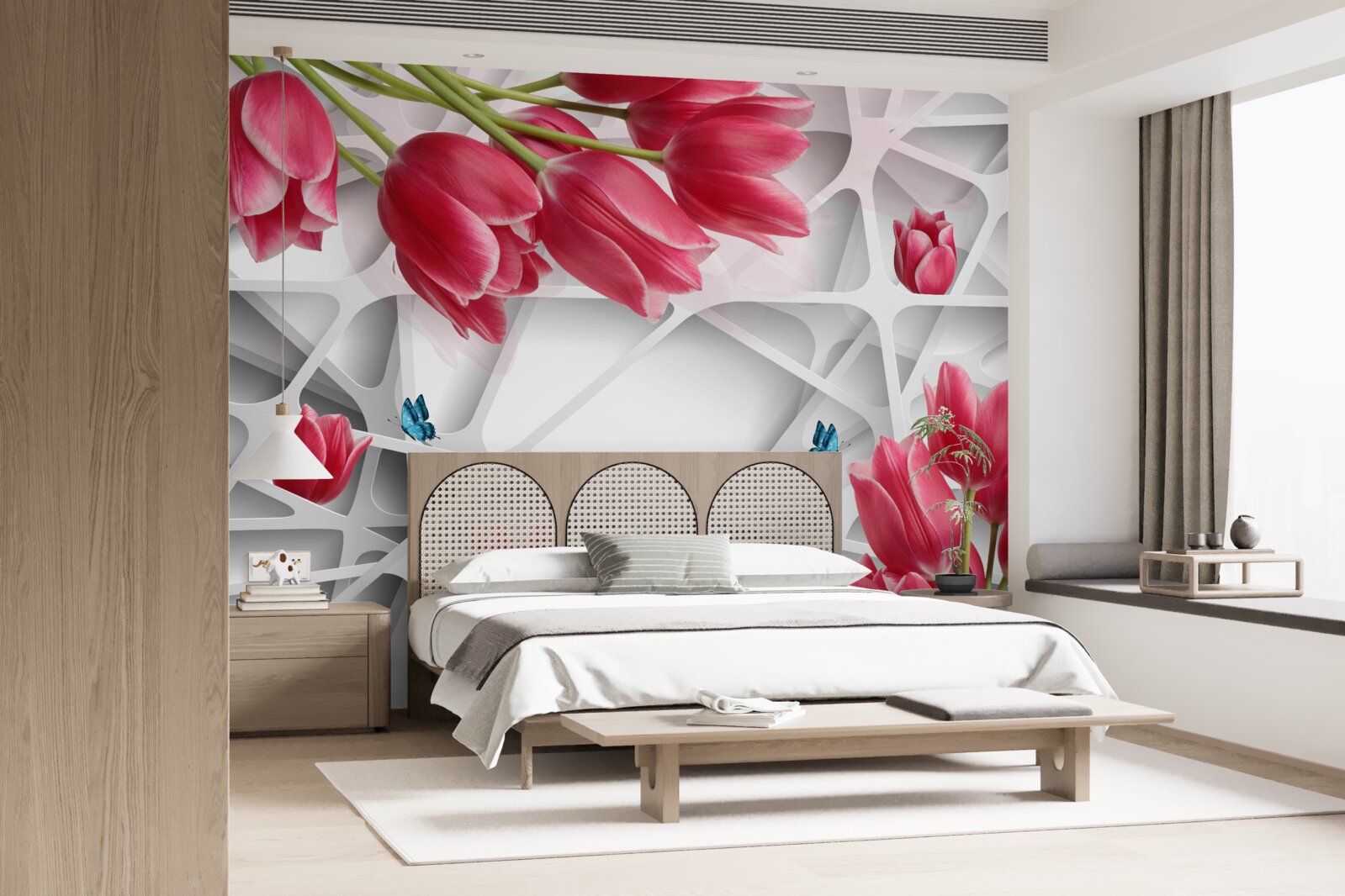 Fototapeta motyle i szkarłatne pąki tulipanów