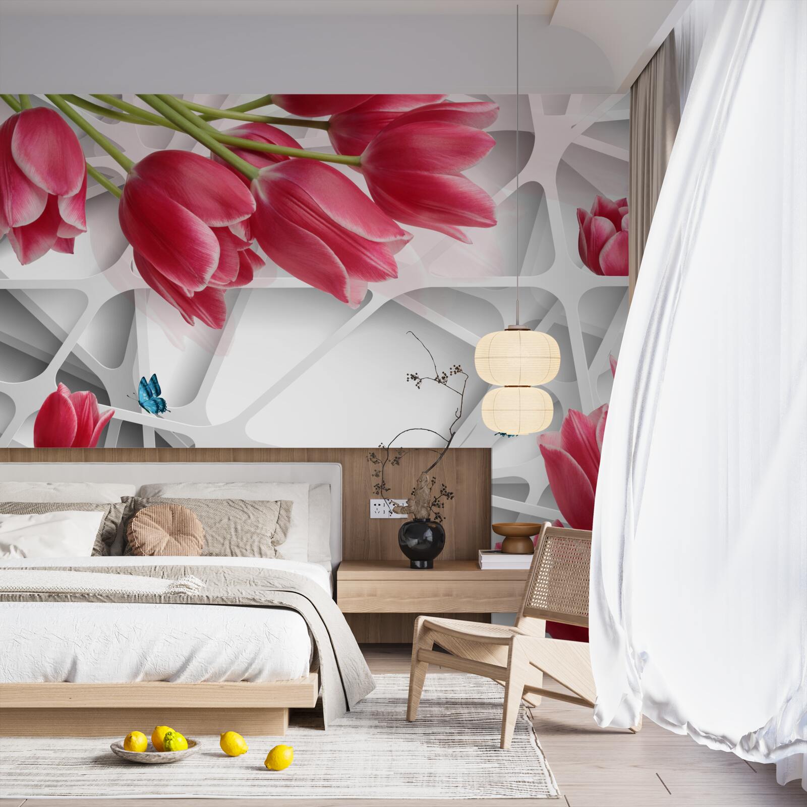 Fototapeta motyle i szkarłatne pąki tulipanów