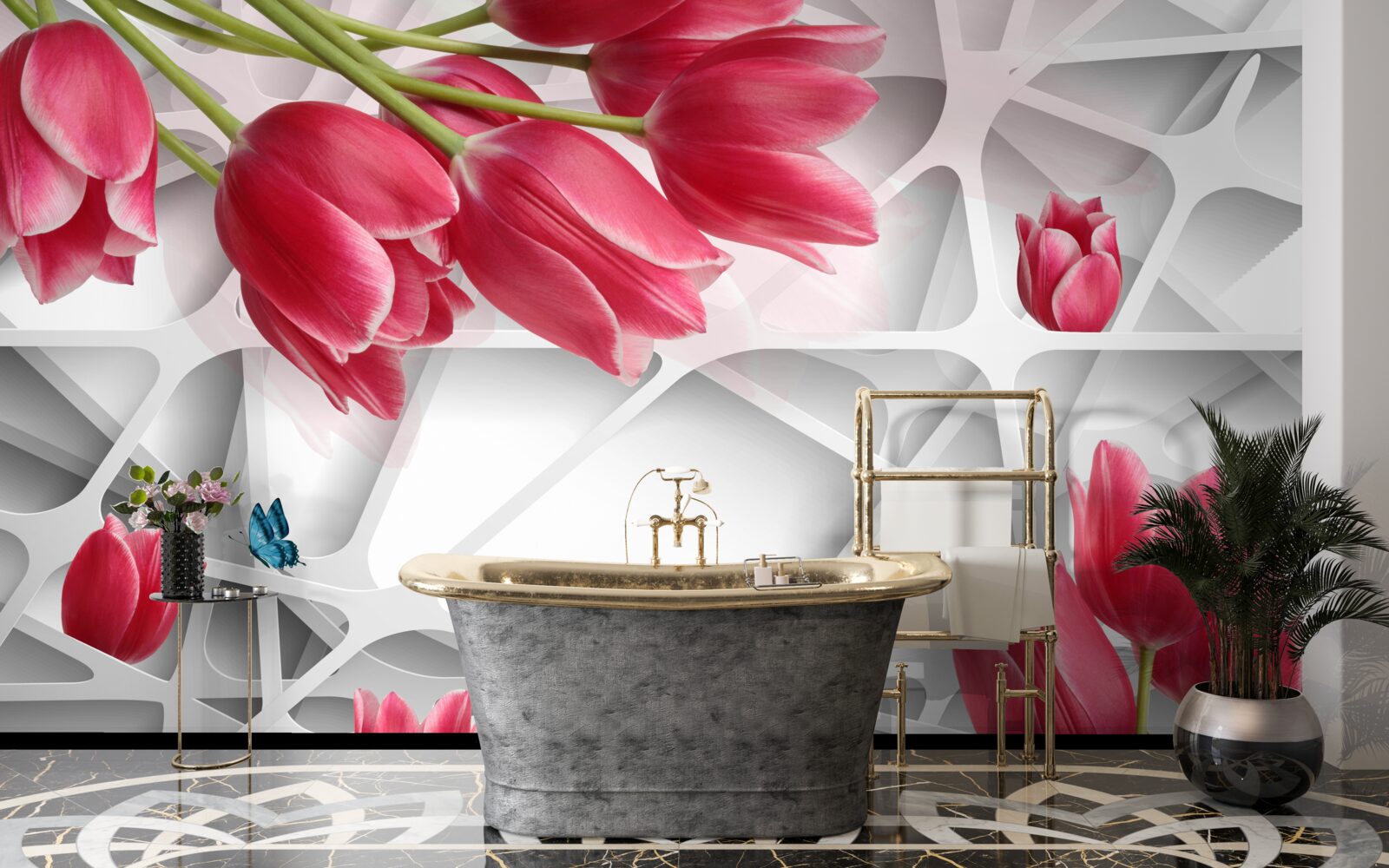 Fototapeta motyle i szkarłatne pąki tulipanów