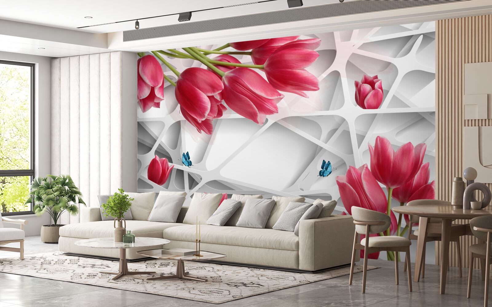 Fototapeta motyle i szkarłatne pąki tulipanów