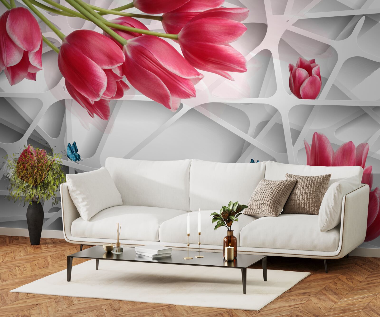 Fototapeta motyle i szkarłatne pąki tulipanów