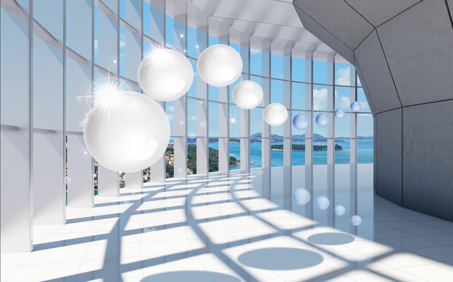 Fototapeta na tle nieba do tunelu wlatują białe kule