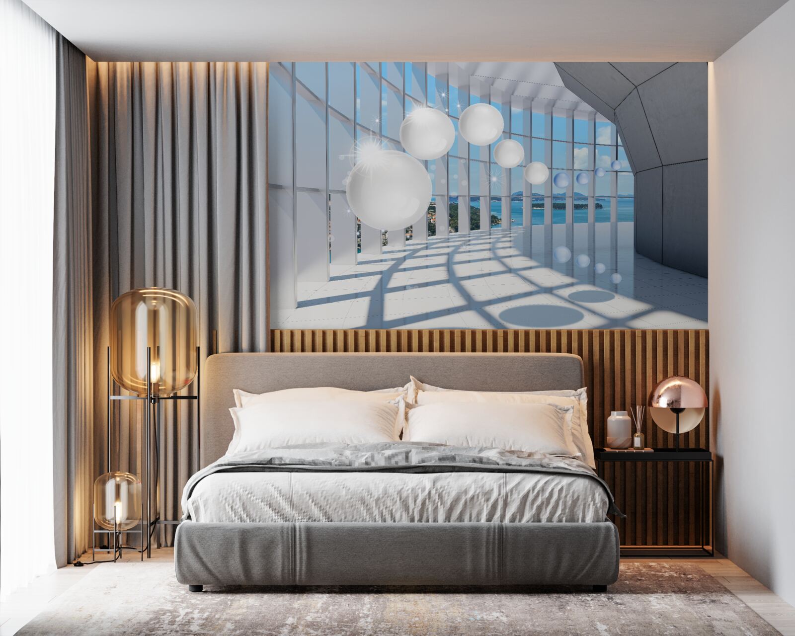 Fototapeta na tle nieba do tunelu wlatują białe kule