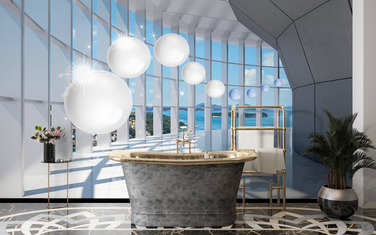 Fototapeta na tle nieba do tunelu wlatują białe kule