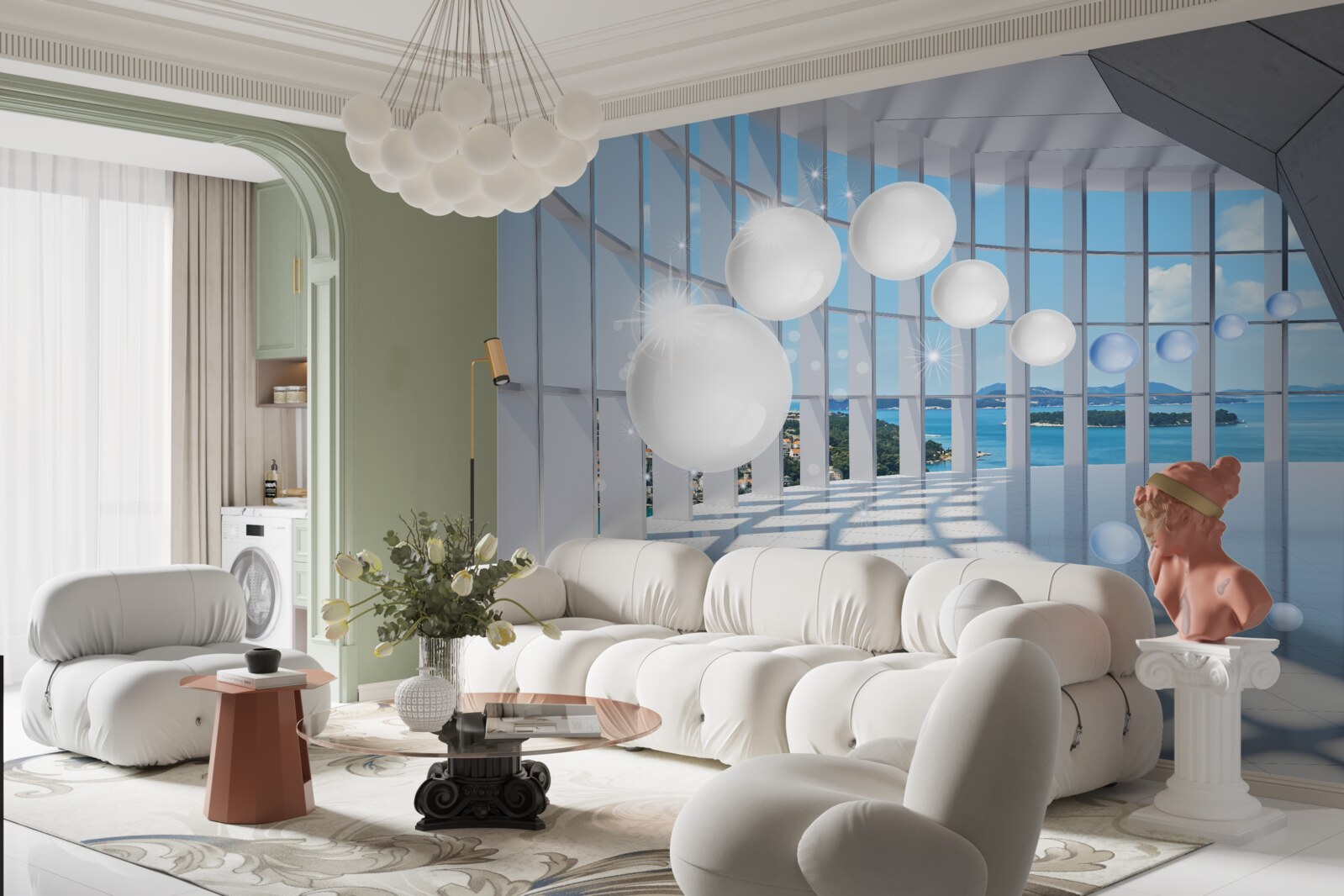 Fototapeta na tle nieba do tunelu wlatują białe kule